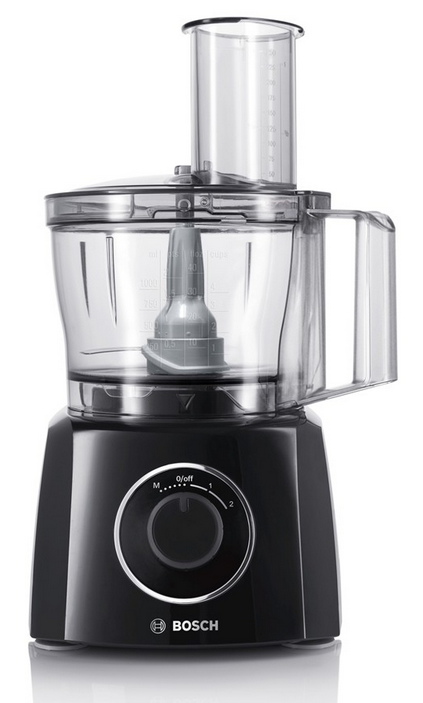 Black food processor with a transparent container. It has a black base and a dial. White background.