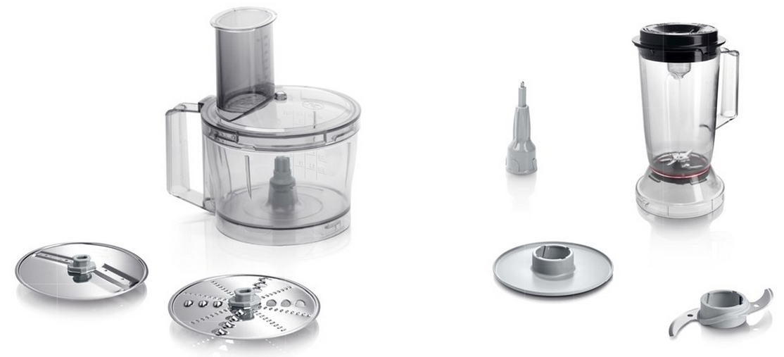 Various parts of a food processor, including blades, a blender and a container.