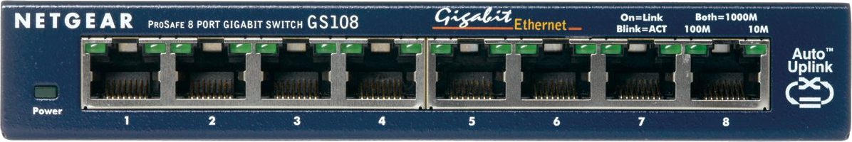 Nahaufnahme eines schwarzen Netzwerk-Switches mit acht Anschlüssen, Aufschrift "NETGEAR ProSafe Gigabit Switch GS108".