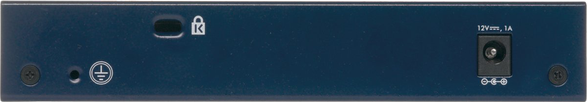 Blaue Rückseite eines elektronischen Geräts mit Symbolen und einer Stromversorgung.
