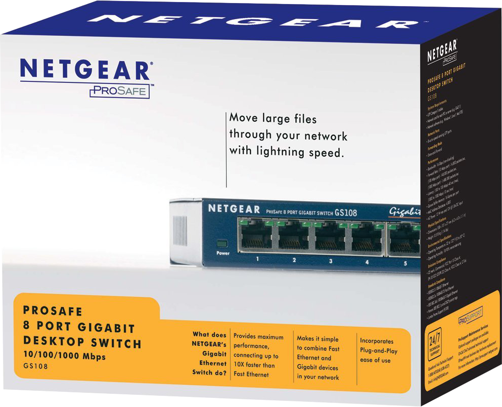 Netgear Netzwerk-Switch-Box. Weißes und blaues Design mit Text, der schnelle Netzwerkübertragung bewirbt.