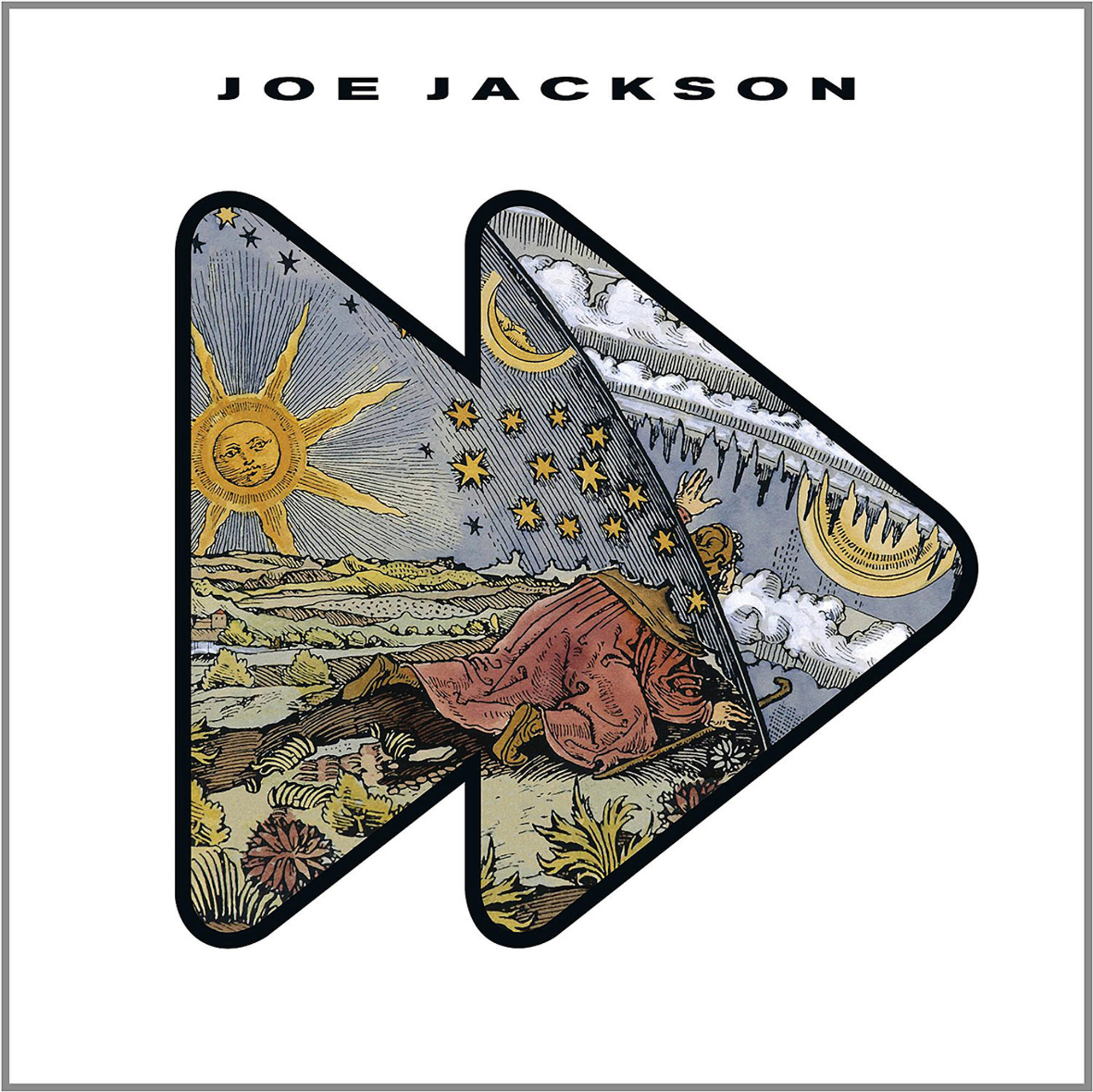Joe Jackson Albumcover. Zwei Vorwärtspfeile mit einer Landschaft darin, Joe Jackson oben.