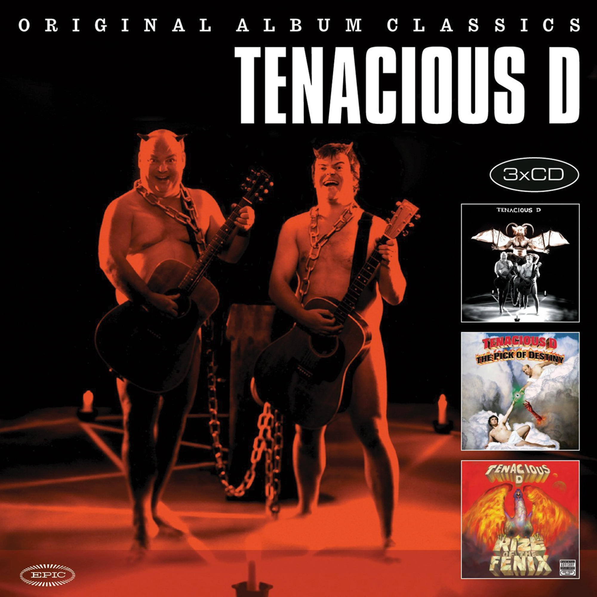 Tenacious D Albumcover: Zwei Männer mit Gitarren, ohne Hemd. Albumkunst.