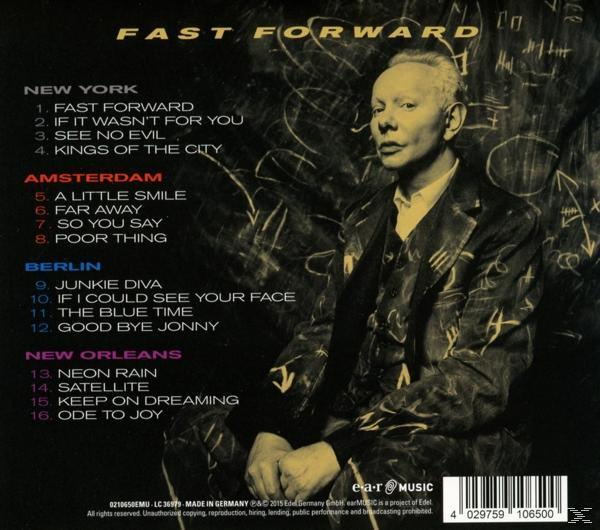 Albumcover für Fast Forward. Ein Mann im Anzug vorne, die Titelliste hinten.