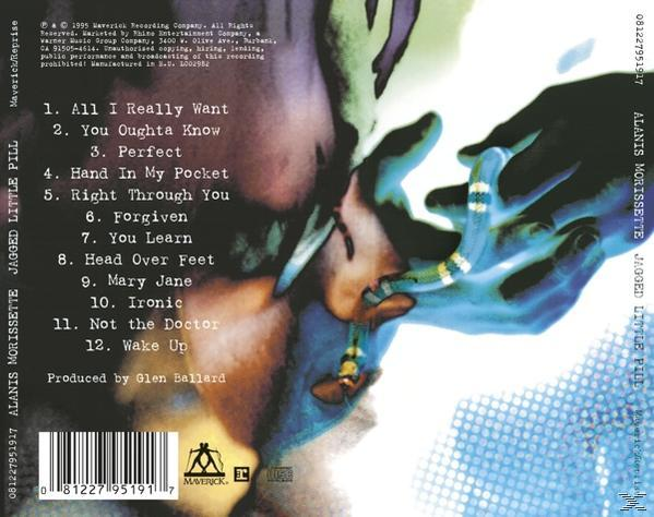 Album-Rückseite mit handgezeichneter Illustration und Text: Alanis Morissette, Jagged Little Pill.