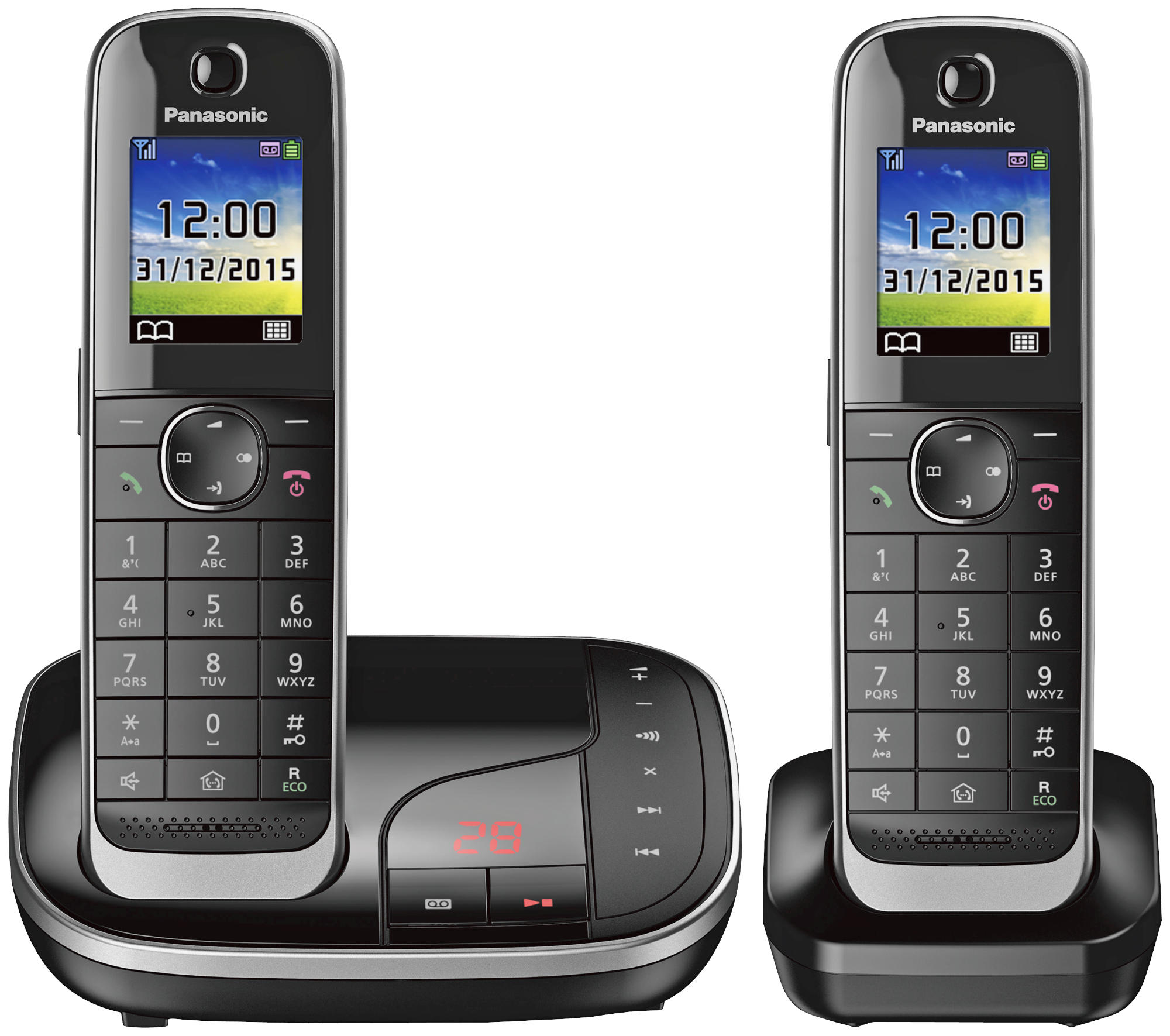 Zwei schnurlose Telefone auf einer Basis mit Digitalanzeige. Zeit und Datum werden angezeigt.