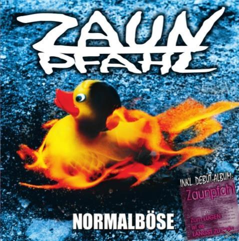 Eine gelbe Quietscheente mit Flammen, betitelt "Normalböse". Der Text "Zaunpfahl" steht oben. Enthält eine kleine Albumwerbung.