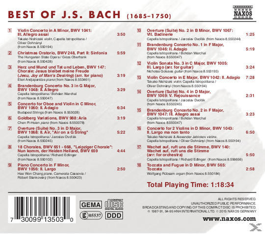 CD-Rückseite mit Trackliste und Credits für ein klassisches Musikalbum, weißer Text auf schwarzem Hintergrund.