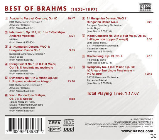 Album-Rückseite: Best of Brahms. Listen mit Liedern und Credits. Weißer Hintergrund.