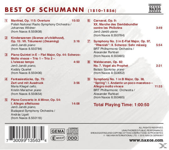 CD-Cover mit einer Liste klassischer Musikstücke auf Deutsch. Weißer Hintergrund.
