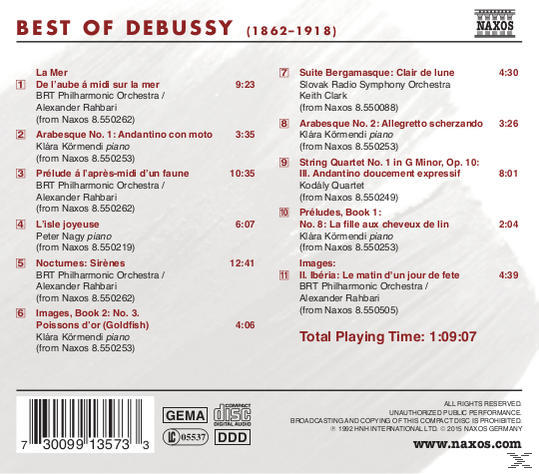 CD-Cover mit Text, der Songtitel auflistet. Der Text lautet 'Best of Debussy (1862-1918)'.