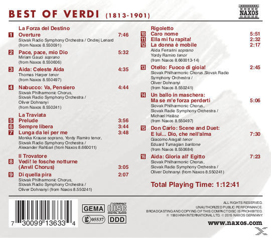 CD-Cover mit Musiktiteln, Zeitangaben und Interpretenangaben für das Album 'Best of Verdi'.