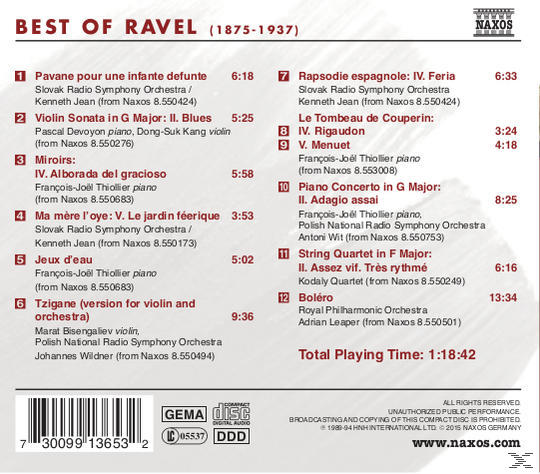CD-Cover, Best of Ravel. Trackliste wird auf weißem Hintergrund angezeigt.