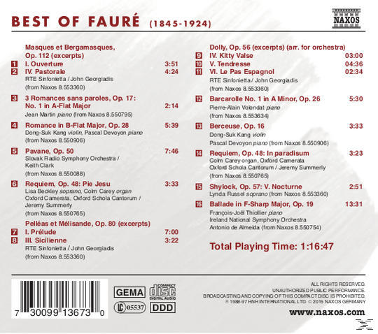 CD-Rückseite mit der Titelliste für 'Best of Faure' und einer Liste der Songs.