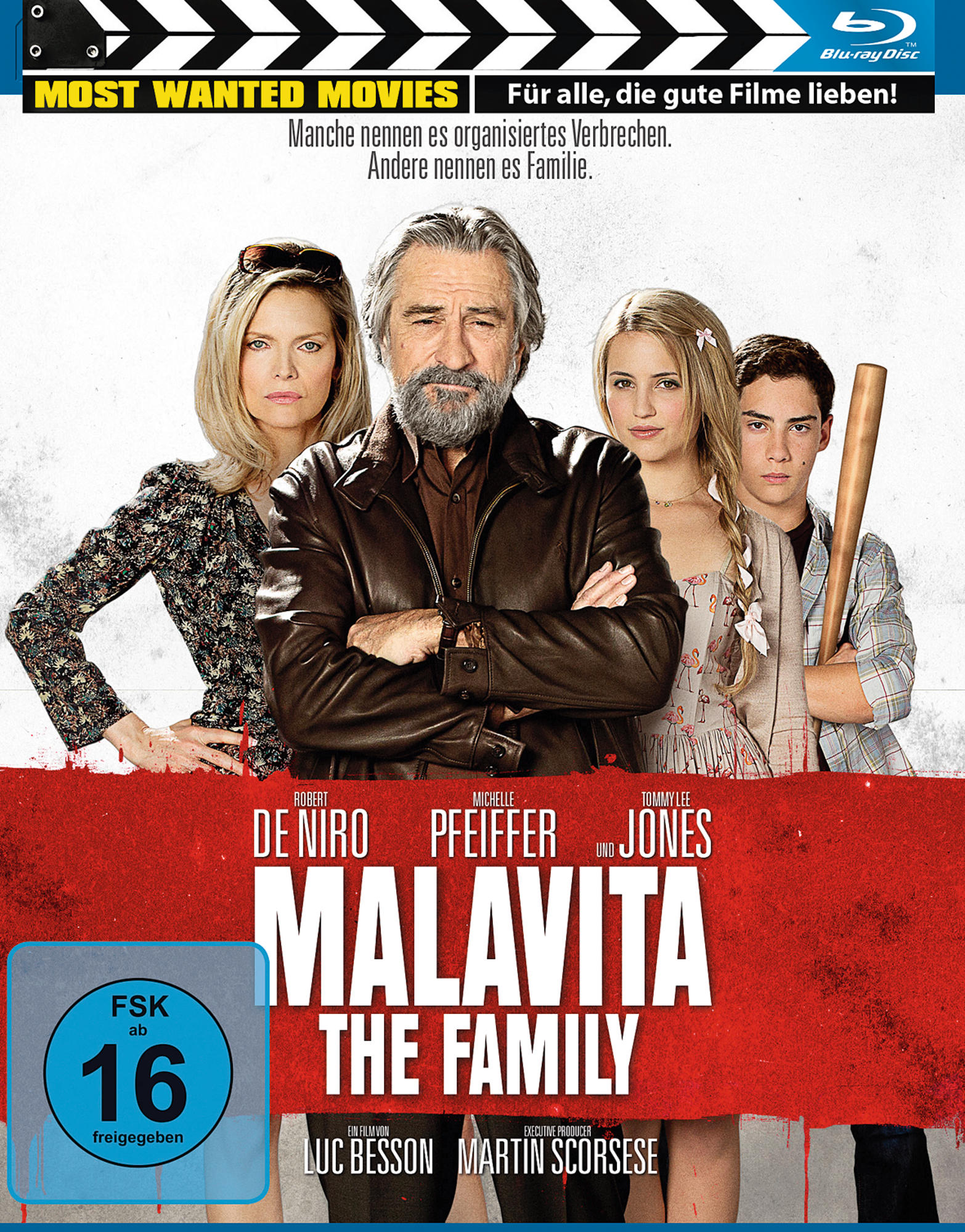 Filmposter für 'Malavita: The Family' mit den Schauspielern De Niro, Pfeiffer und Jones.