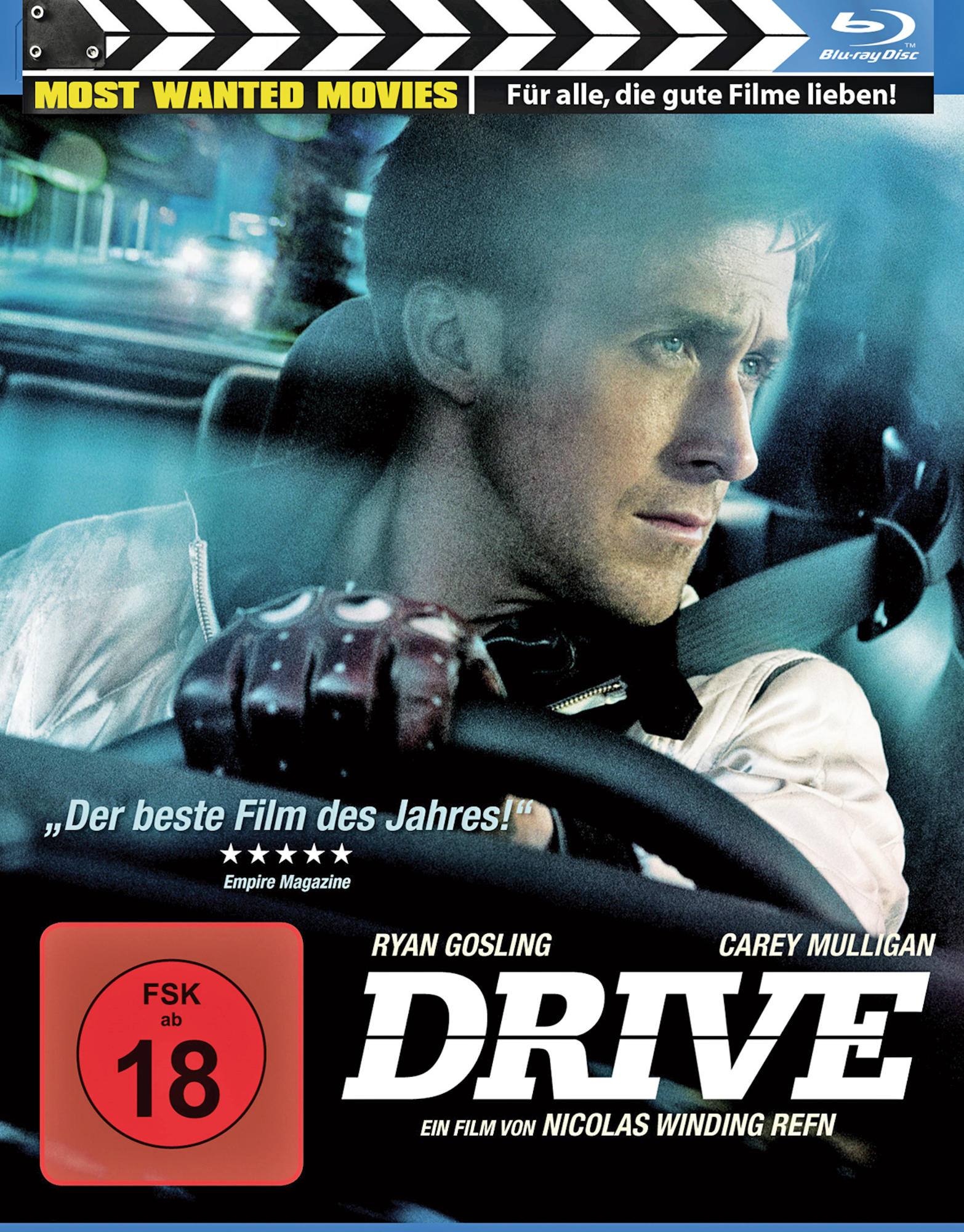Filmposter für "Drive" mit Ryan Gosling im Auto.