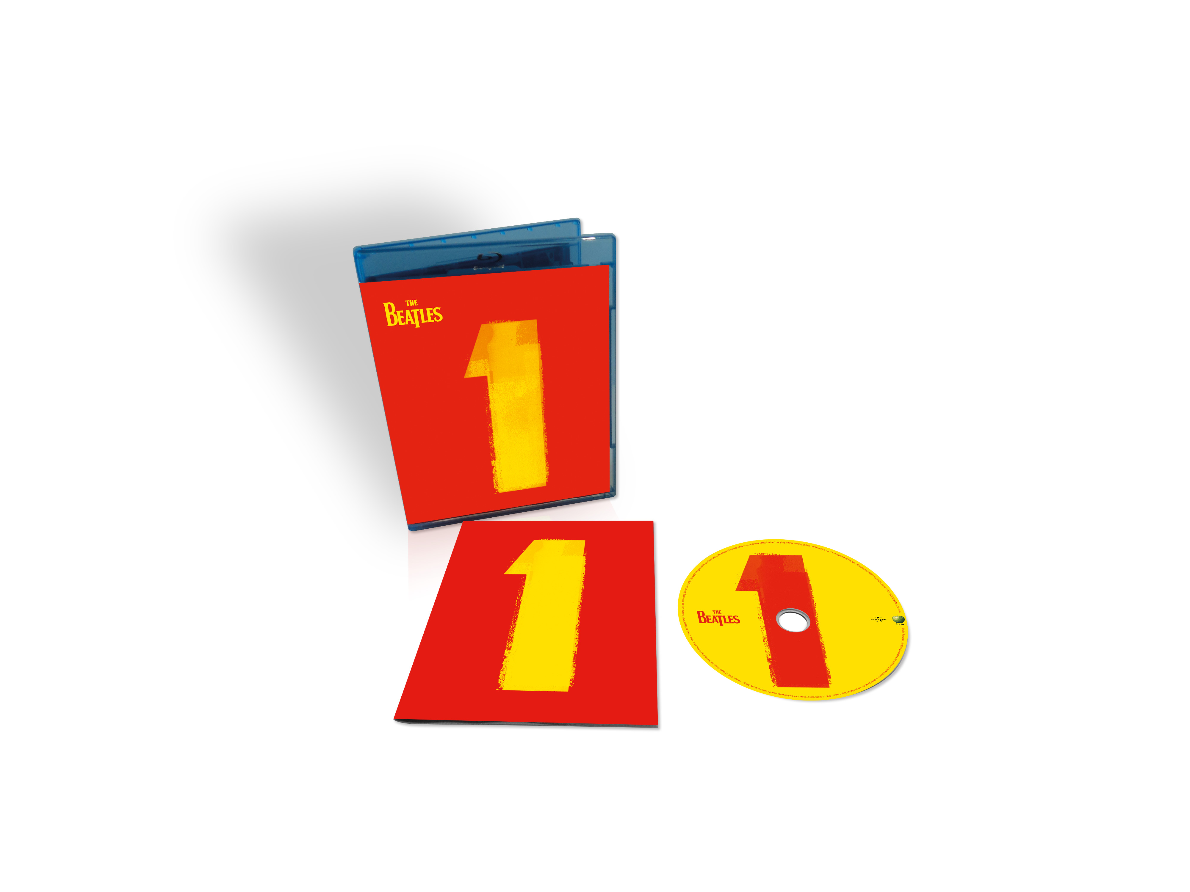 Albumcover von The Beatles: 1. Roter Hintergrund mit gelber Nummer 1. Das CD-Case und die CD sind abgebildet.