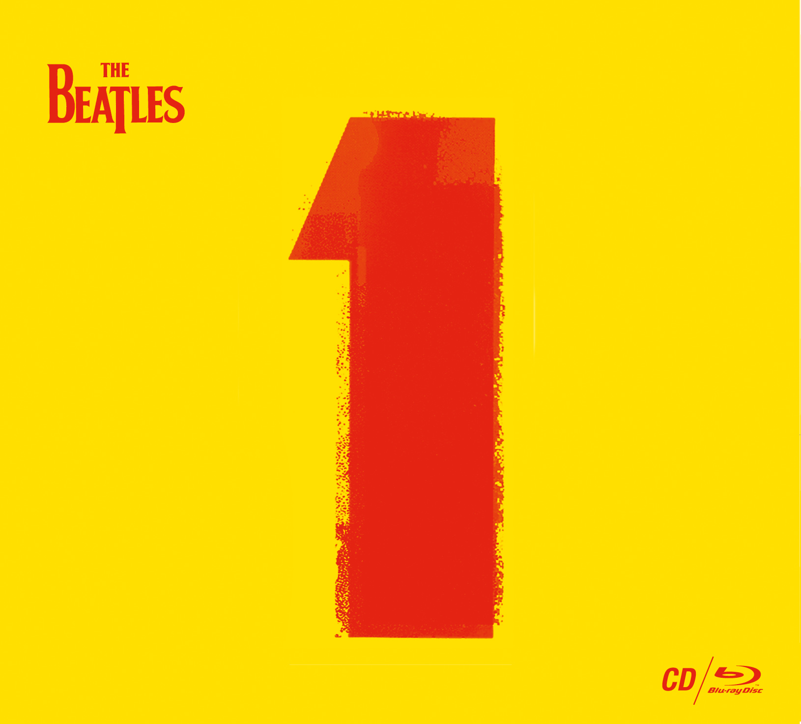 Albumcover für The Beatles' '1'. Rote '1' auf gelbem Hintergrund, Bandname oben links.