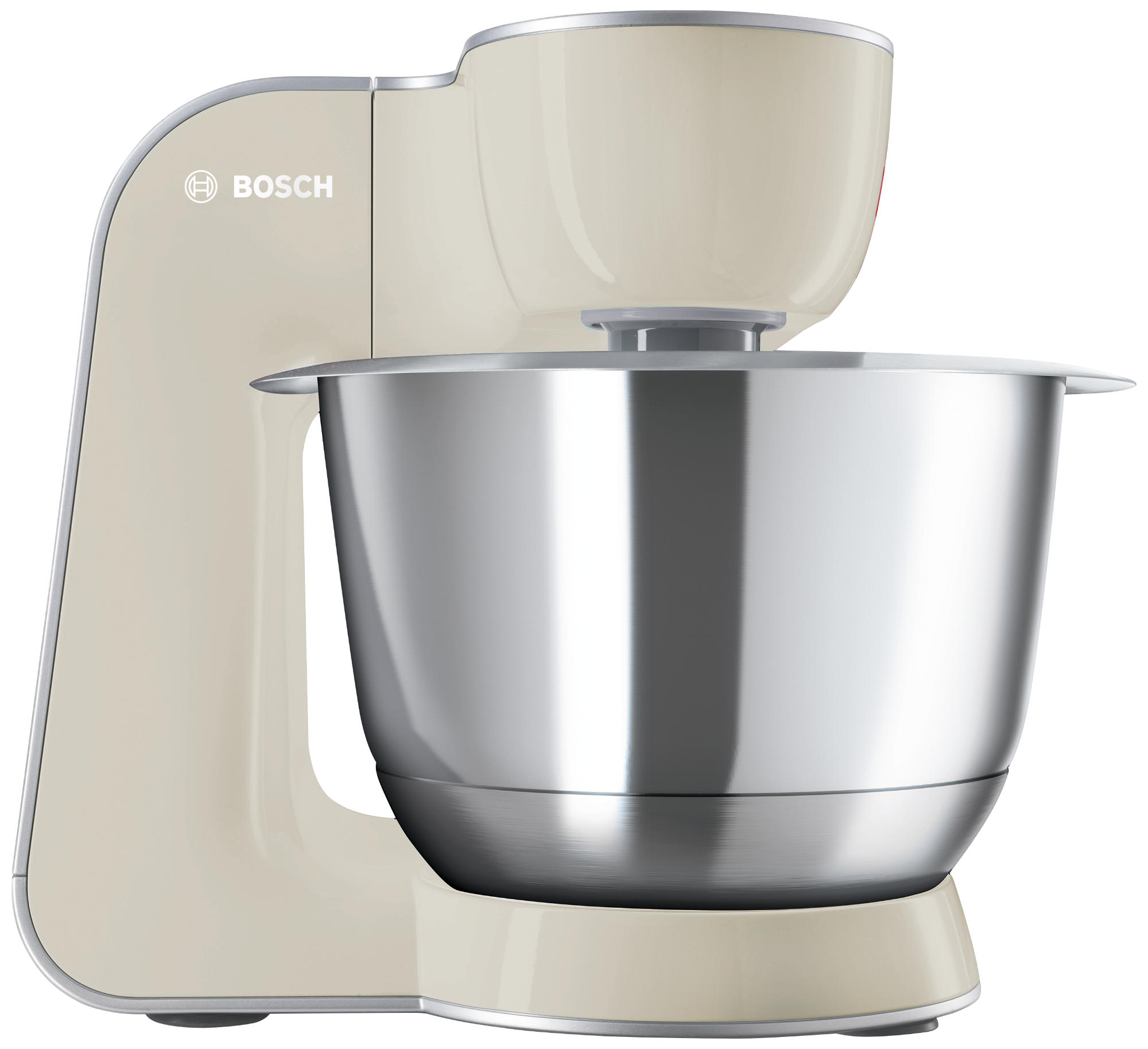 Crèmekleurige Bosch keukenmixer met een roestvrijstalen kom.