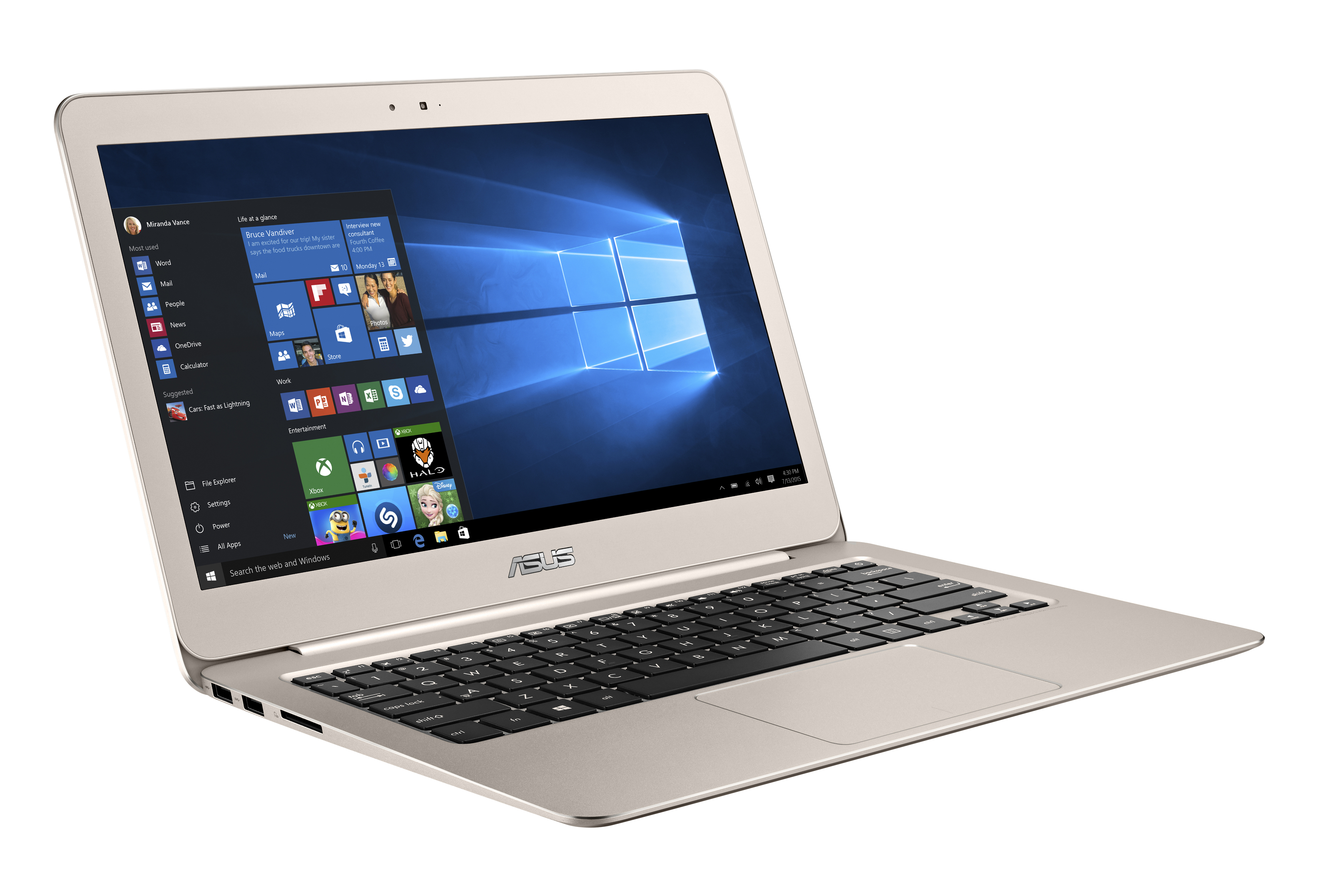 Goldener Asus-Laptop geöffnet auf weißem Hintergrund, zeigt Windows 10 Startmenü und schwarze Tastatur.