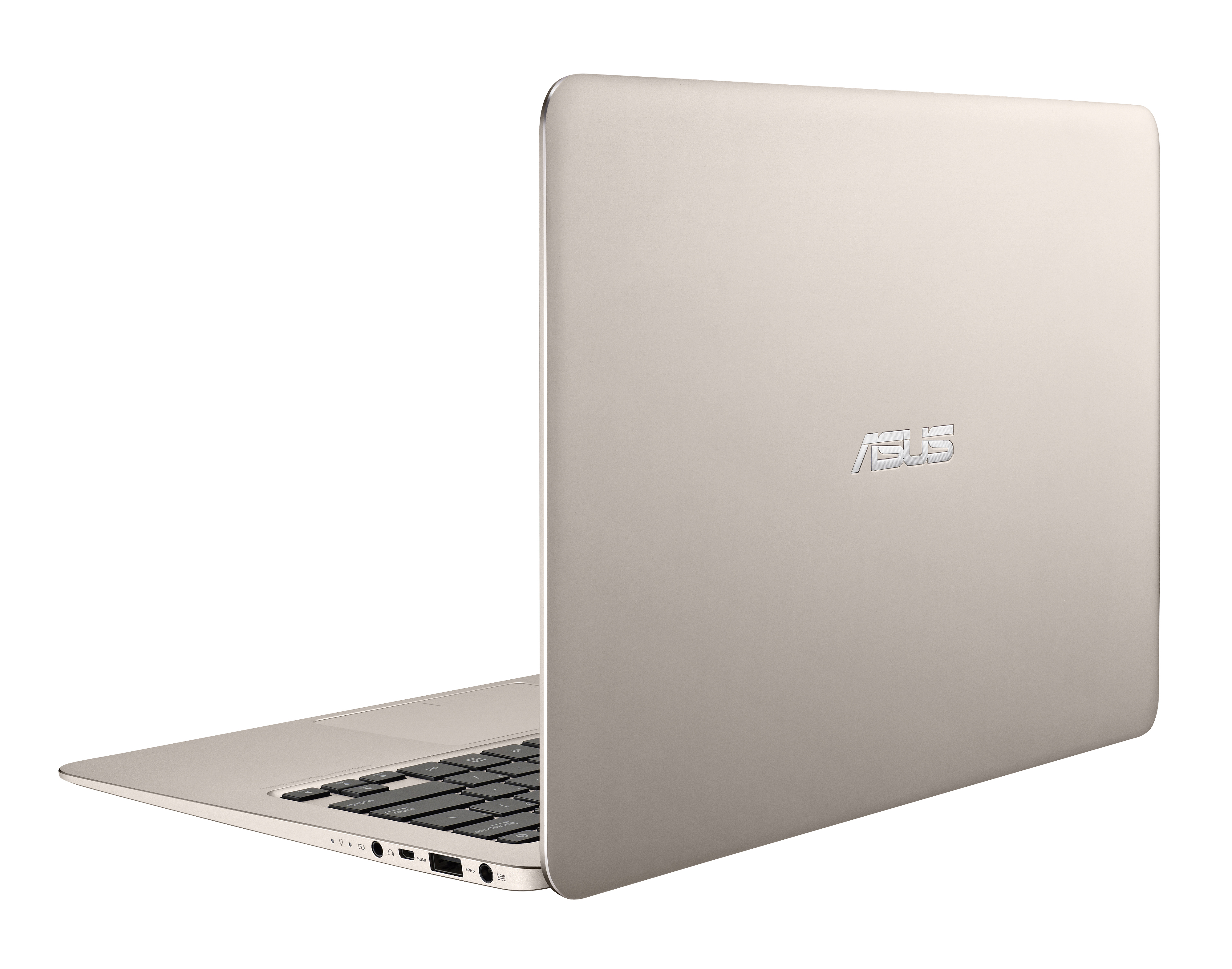 Ein goldener Asus Laptop steht halb geöffnet auf weißem Hintergrund, die Seite mit Anschlüssen ist sichtbar.