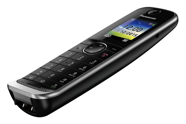 Ein schwarzes schnurloses Panasonic-Telefon mit einem Bildschirm, auf dem die Uhrzeit 12:00 angezeigt wird.