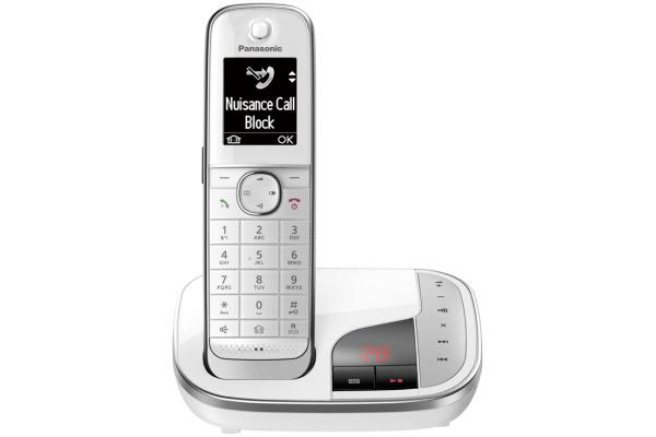 Weißes schnurloses Telefon mit Basisstation, Digitalanzeige.
