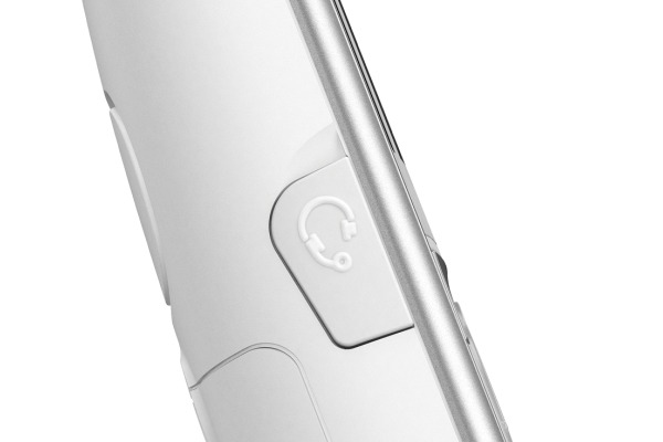 Nahaufnahme eines weißen Telefons mit Headset-Taste.