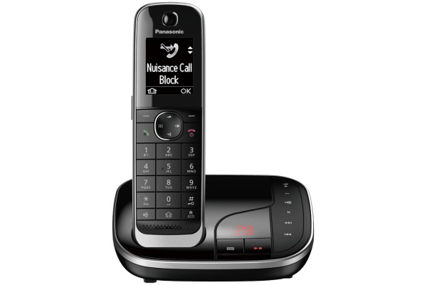 Ein schwarzes schnurloses Telefon von Panasonic mit einem Display, das 'Nuisance Call Block' anzeigt, und einer schwarzen Basis.