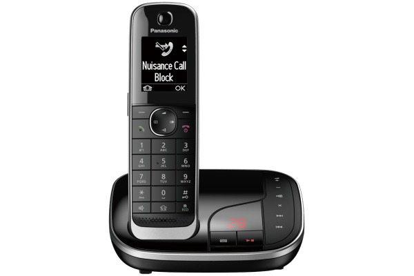 Schnurloses Telefon auf einer Ladestation, mit Display.