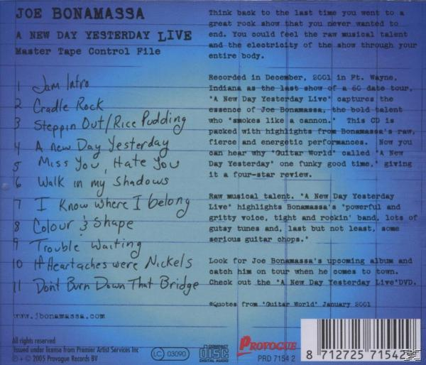 Album hátlapja Joe Bonamassa számlistájával és szöveggel. Kék háttér.