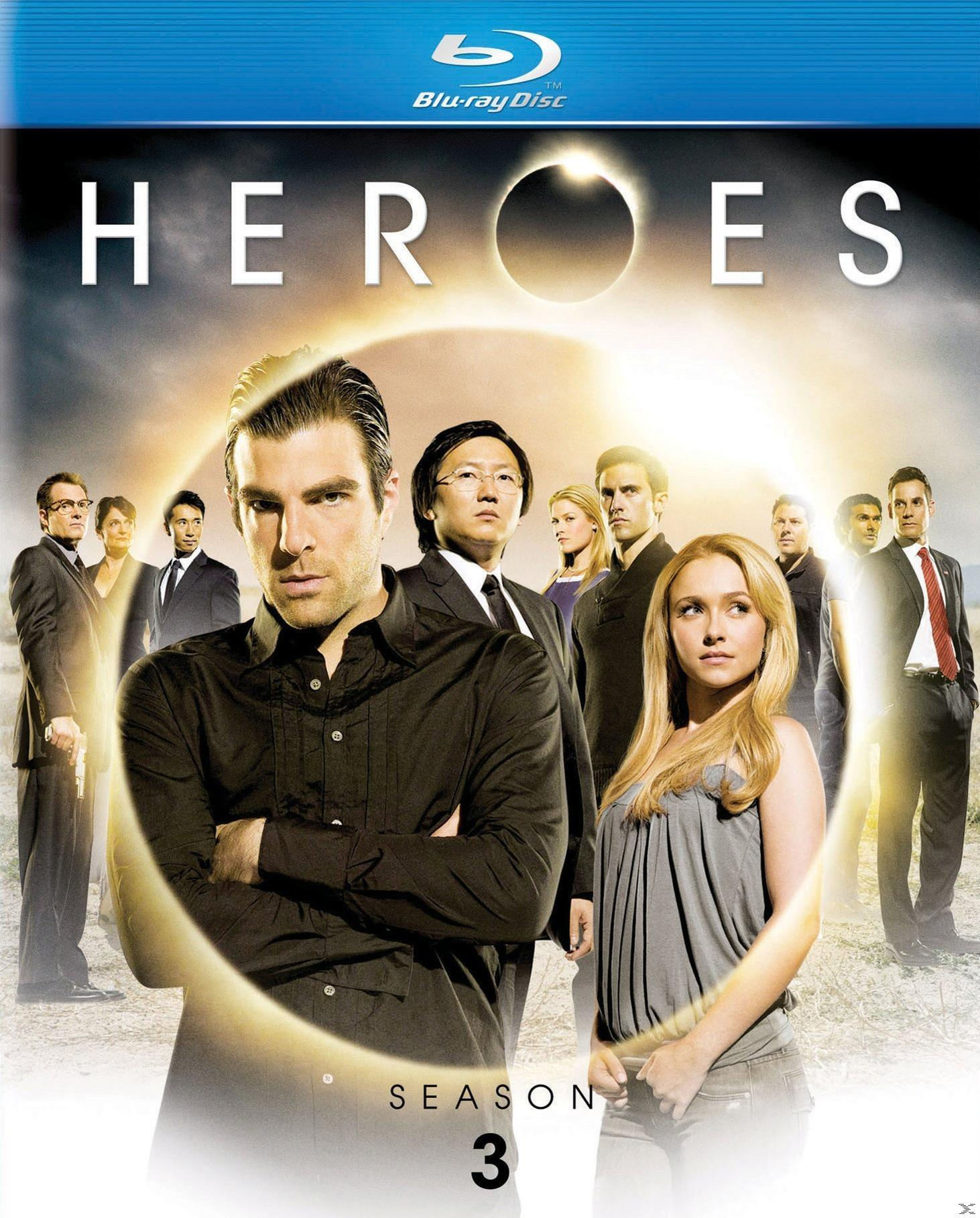 Heroes Staffel 3 Blu-ray Cover. Charaktere vorne, Grafik der Sonnenfinsternis. Blaue Hülle.
