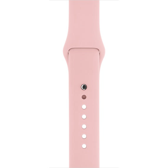 Delikli açık pembe Apple Watch kayışı. Arka plan beyazdır.