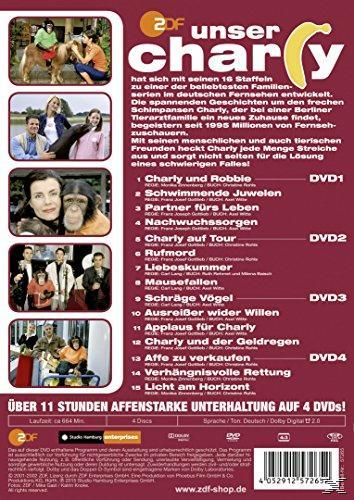 DVD-Cover mit Bildern von Menschen und einem Schimpansen. Text auf Deutsch, Titel 'Unser Charly', Bananenlogo. 4 DVDs.