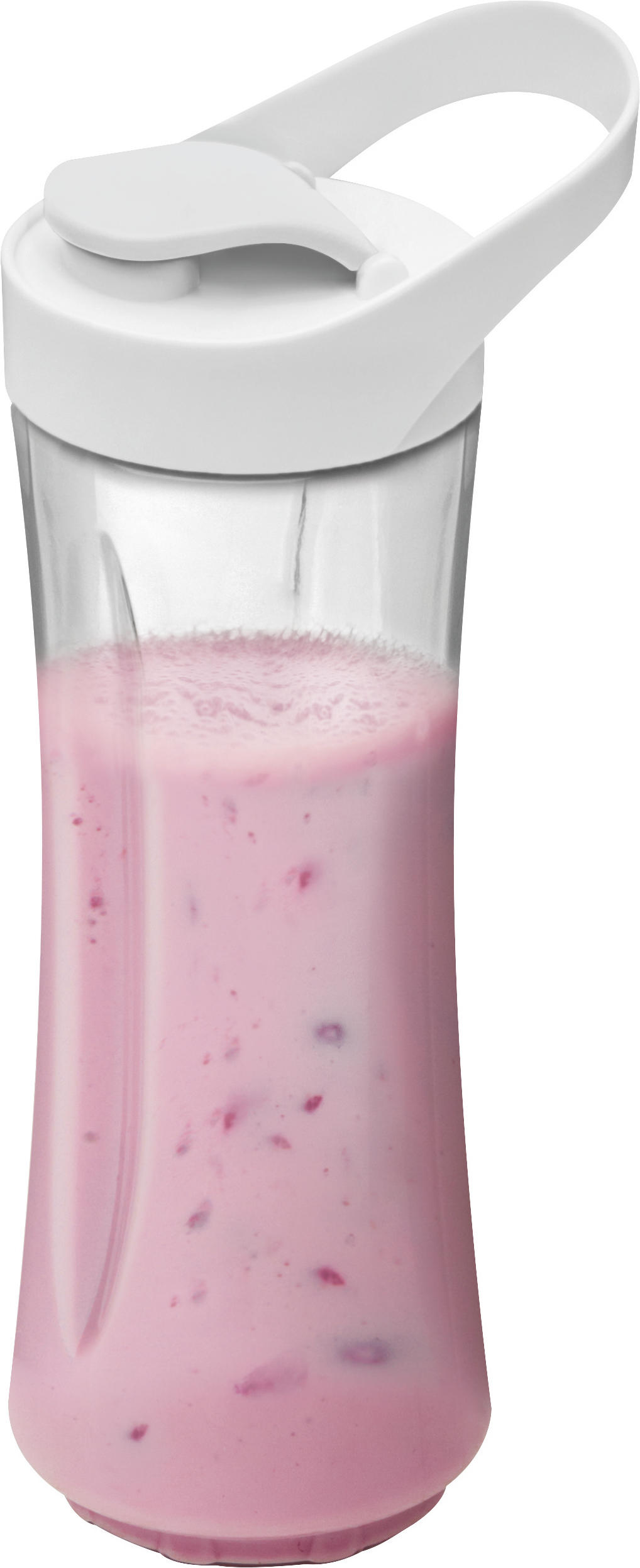 Eine transparente Flasche mit einem rosa Smoothie, bedeckt mit einem weißen Deckel.