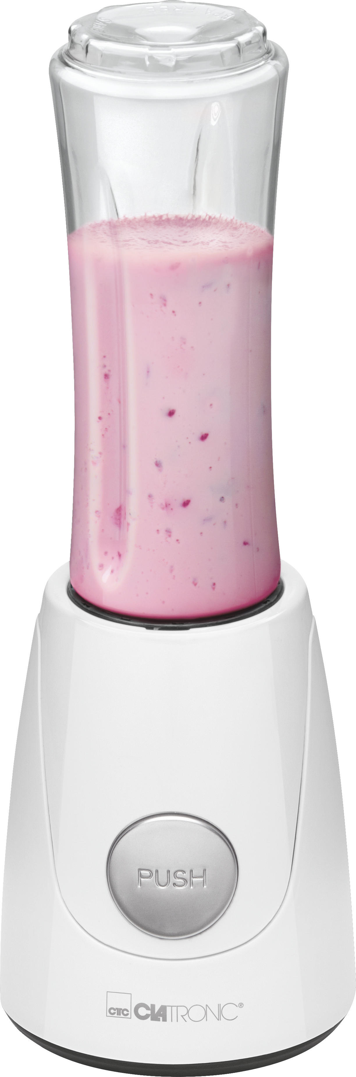 Ein weißer Clatronic-Mixer mit einem rosa Smoothie, bereit zum Mixen, mit einem 'PUSH'-Knopf.