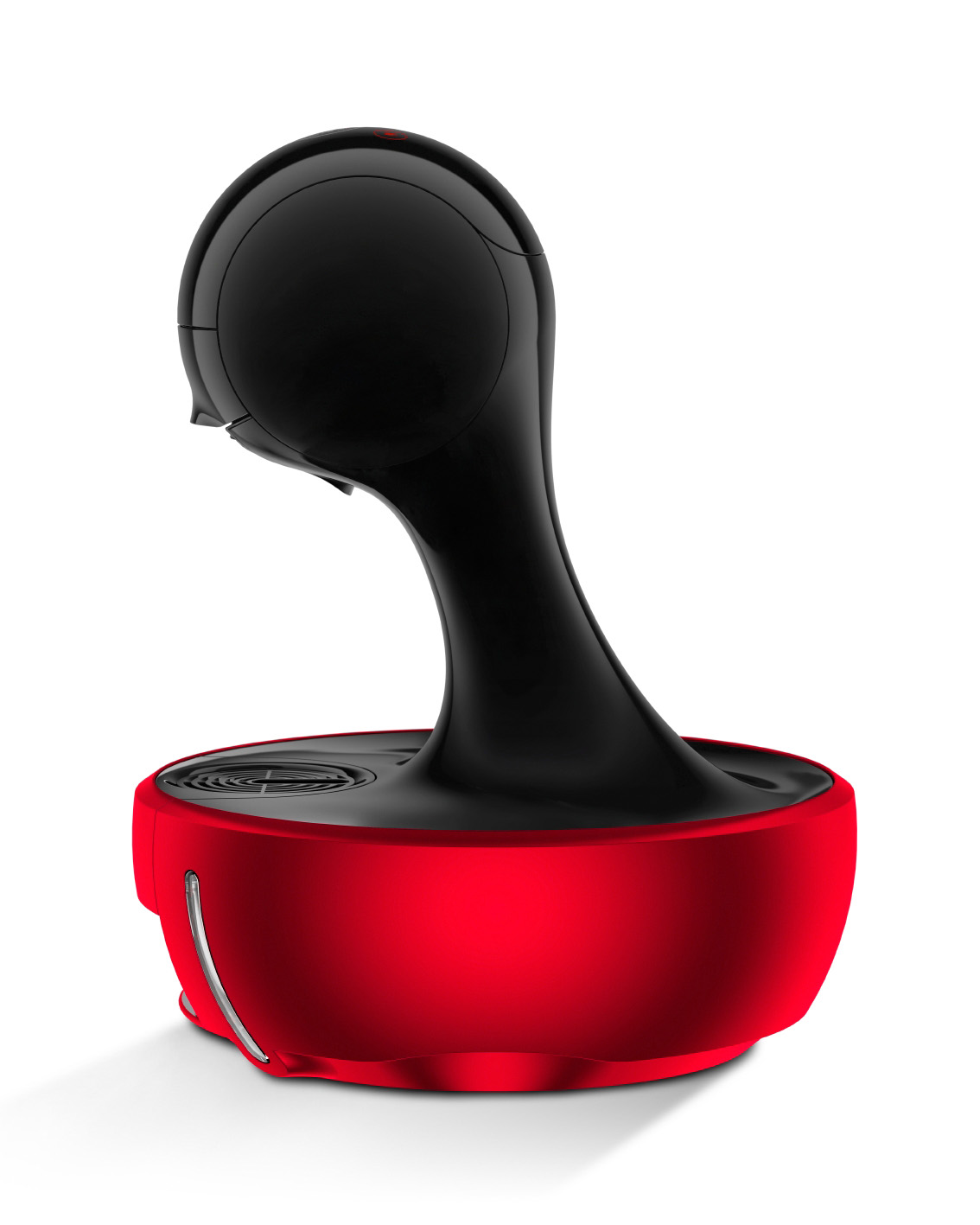 Rote und schwarze Kaffeemaschine. Es hat ein hohes, geschwungenes Design und einen roten Sockel.