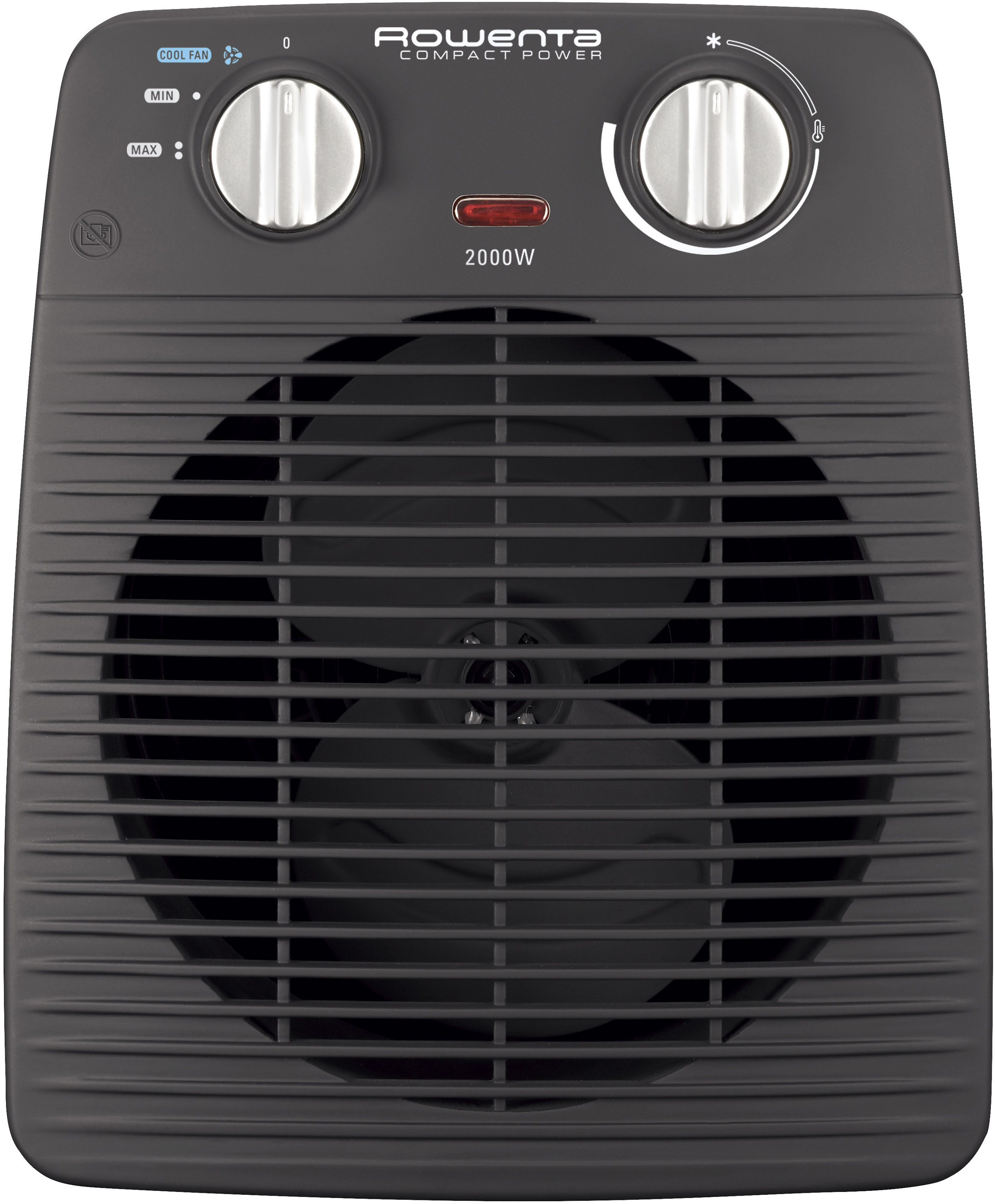 Schwarzer Rowenta Compact Power Heizlüfter. Draufsicht mit sichtbaren Reglern und Lüftungsschlitzen.