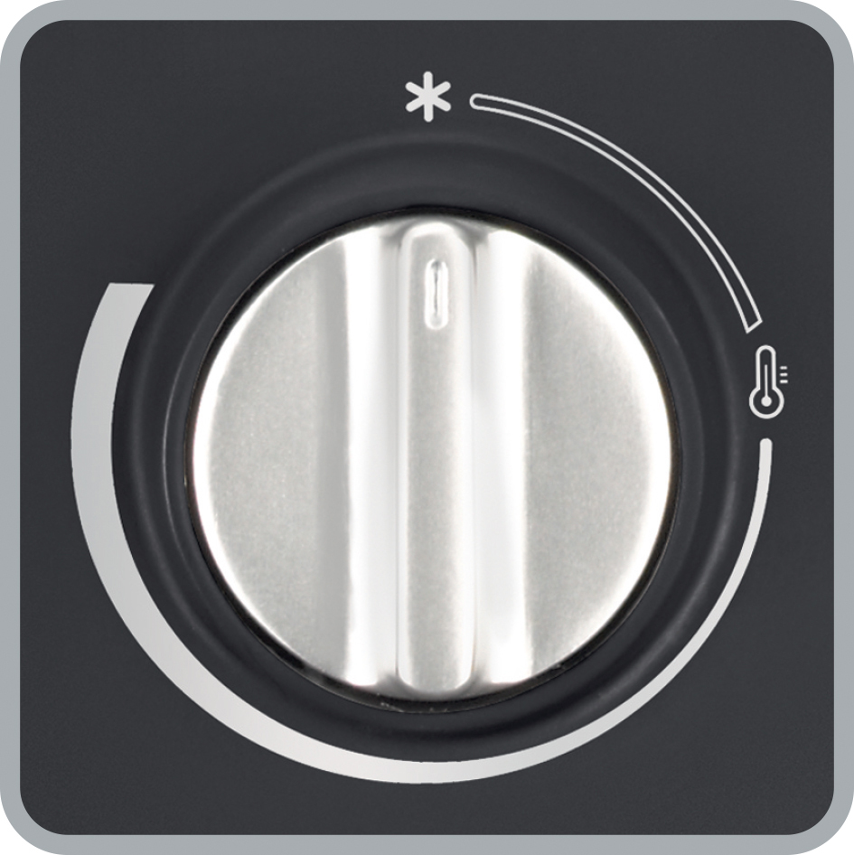 Ein schwarzer Drehknopf mit silbernem Mittelteil. Oben ein Sternchen und rechts ein Thermometersymbol.
