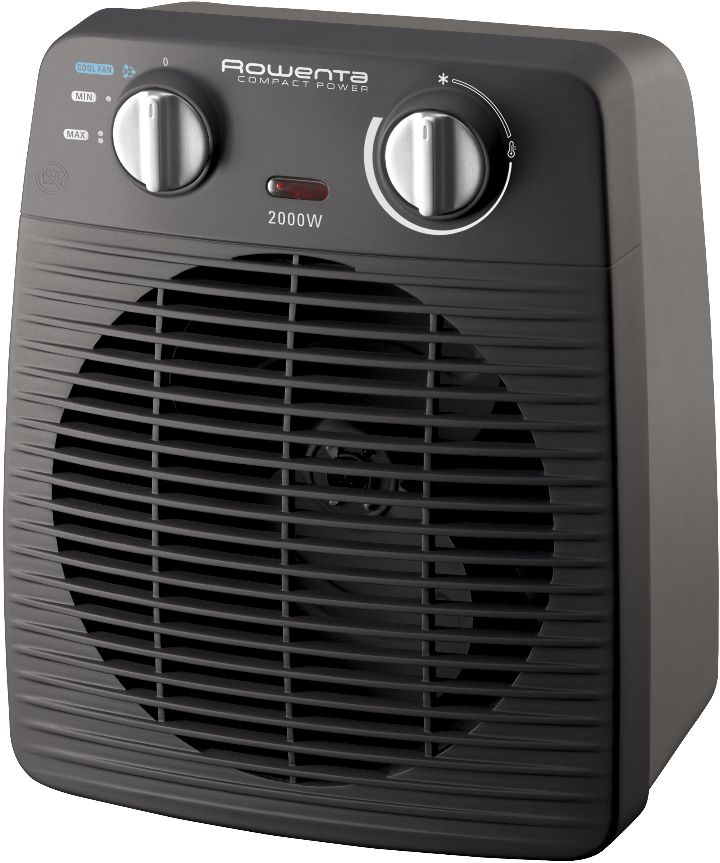 Schwarzer Elektroheizer mit Bedienelementen und Ventilator. Rowenta-Markenname sichtbar.