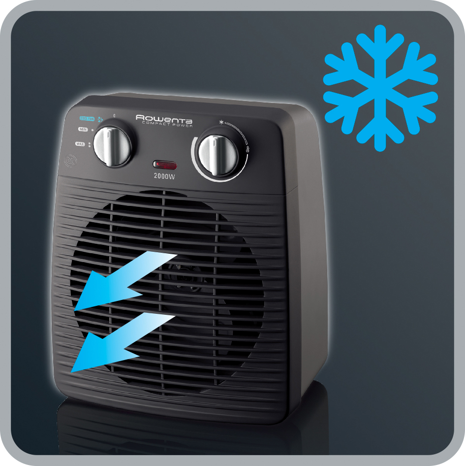 Schwarzer elektrischer Heizlüfter mit Bedienelementen, einem Ventilator und einem blauen Schneeflocken-Symbol.