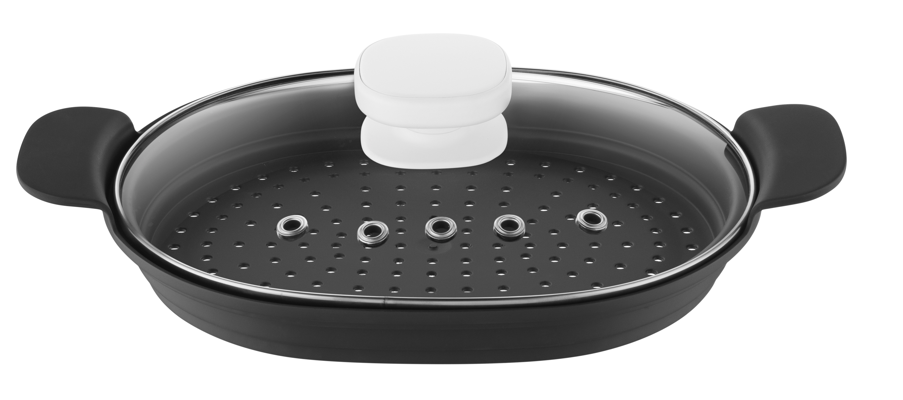 Schwarze, ovale Kochpfanne mit Glasdeckel und weißem Griff. Perforierter Boden.