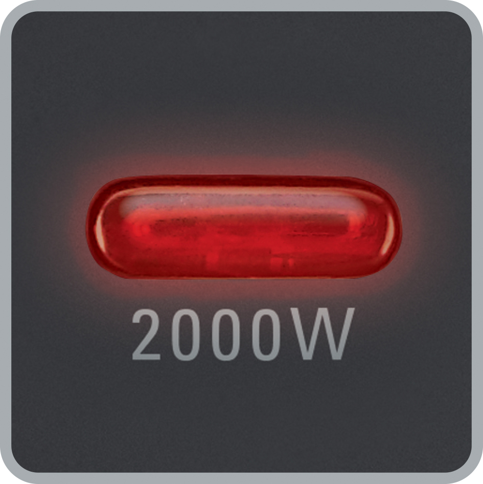 Nahaufnahme einer schwarzen Platte mit einem hellroten rechteckigen Licht und der Zahl 2000W.