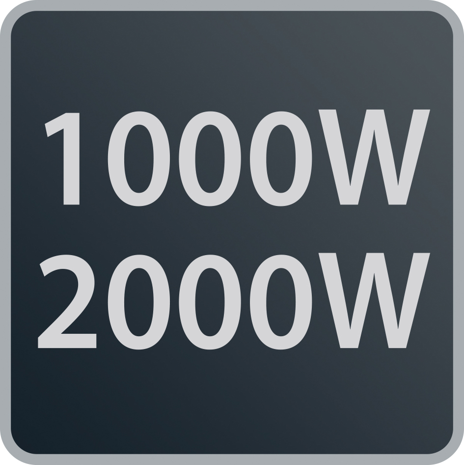 Schwarzes Quadrat mit weißem Text, der 1000W und 2000W angibt.