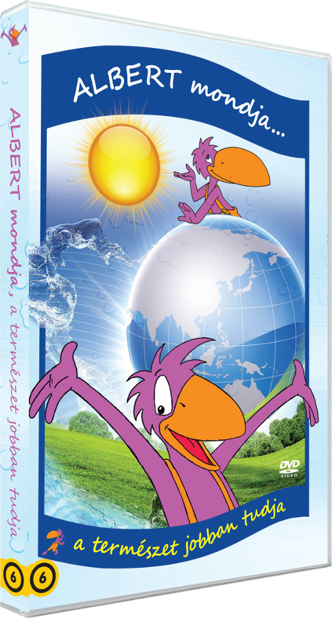 Az 'Albert mondja' DVD borítója, rajzolt madárral, nap, föld és kék ég.