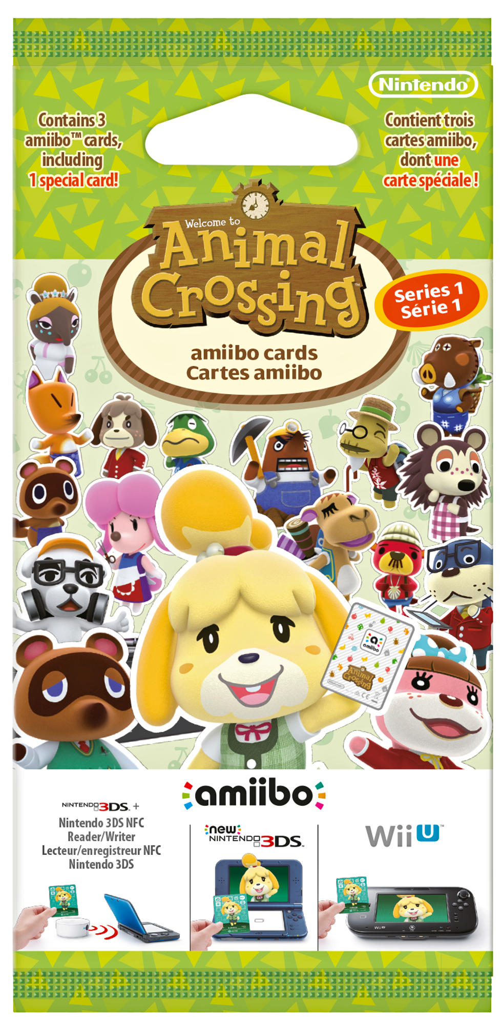 Animal Crossing Amiibo-Kartenpackung mit Charakteren und Text. Weißer Hintergrund.
