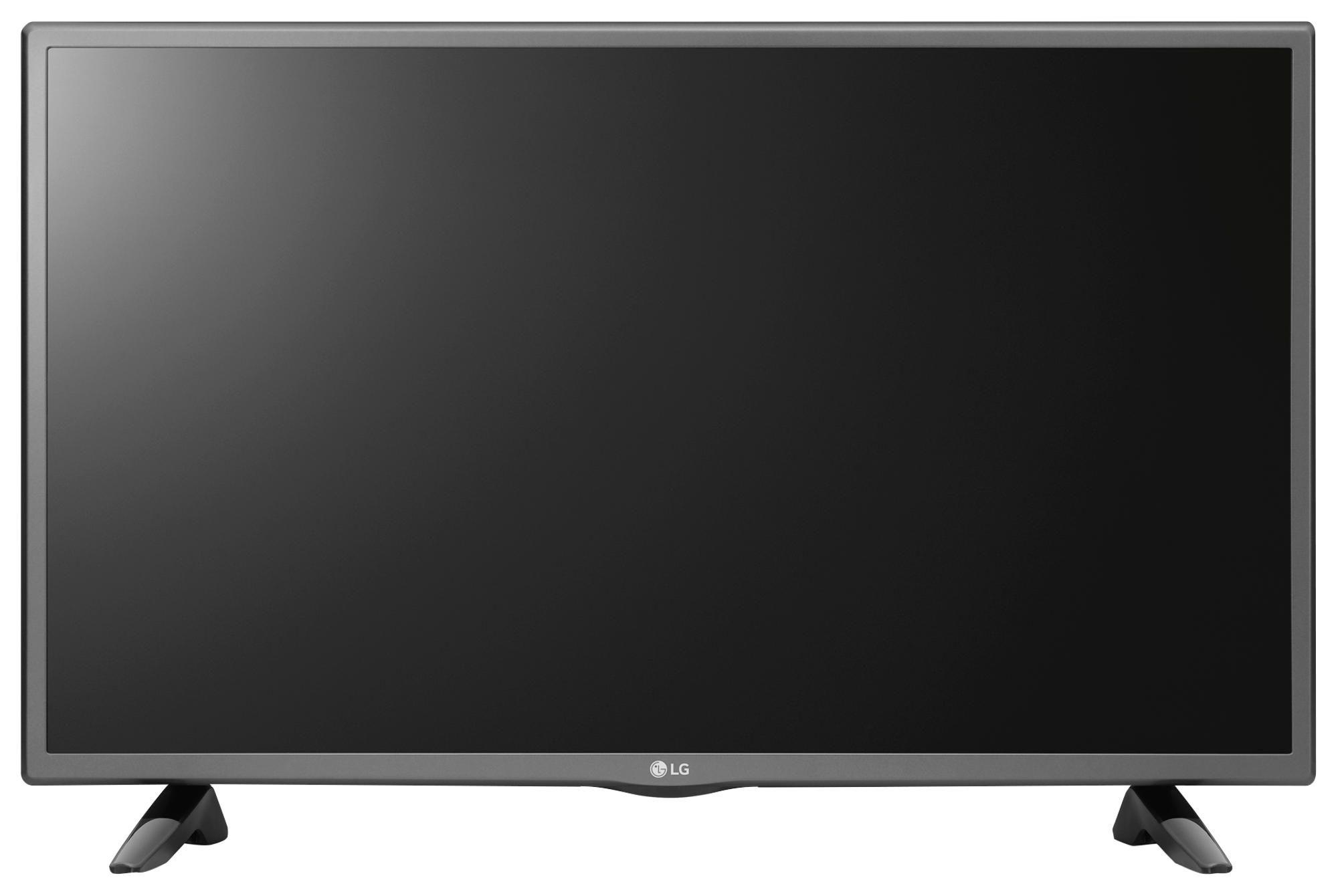 Vista frontal de un televisor LG negro con pantalla oscura. El televisor se apoya en dos patas negras.