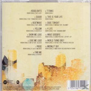 Album-Rückseite mit Titelliste, Stadtsilhouette und Künstler-/Album-Informationen. Farbschema Gelb und Orange.