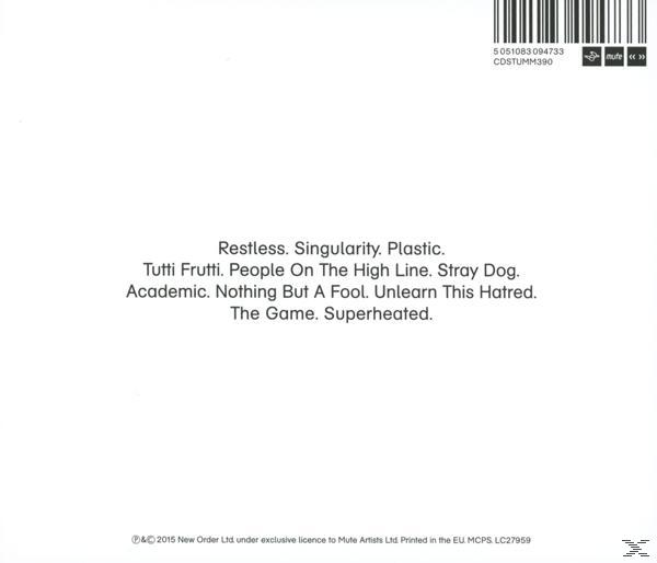 CD-Cover mit Songtiteln: Restless, Singularity, Plastic und andere Songtitel.
