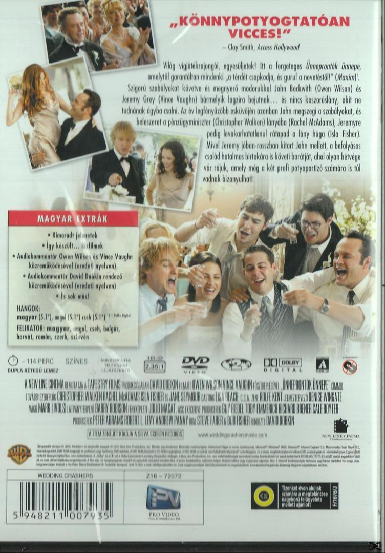 A Wedding Crashers film DVD borítója. Szereplőket, címet és szöveget mutat több nyelven. A háttér egy esküvői jelenet.